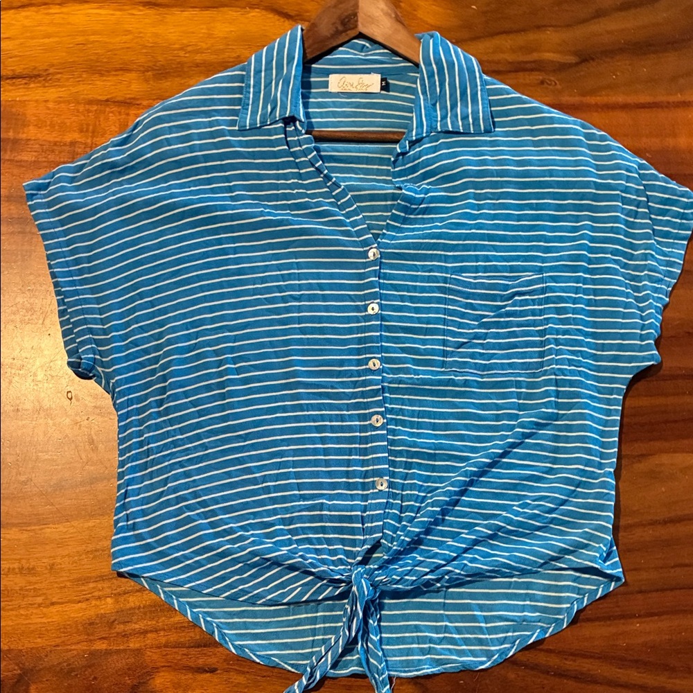 Ava Sky Blue & White Striped Tie-Front Button Down Shirt